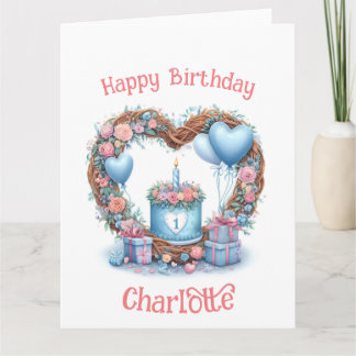 Carte Premier anniversaire de bébé - Couronne florale 1