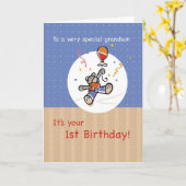 Carte Premier anniversaire de grand-fils avec ours et ba (Fleur jaune)