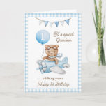 Carte Premier anniversaire de Grand-fils Teddy Bear Salu<br><div class="desc">Carte de voeux pour le premier anniversaire de l'ours en peluche de Grand-fils. Célébrez le premier anniversaire de votre grand-fils avec cette adorable aquarelle Teddy Bear. Customisez-le pour votre petit-fils ou ajoutez leur nom pour une touche personnalisée. Parfait pour les enfants, cette carte fantaisiste apporte des voeux joyeux et un...</div>