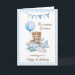 Carte Premier anniversaire de Grand-fils Teddy Bear Salu<br><div class="desc">Carte de voeux pour le premier anniversaire de l'ours en peluche de Grand-fils. Célébrez le premier anniversaire de votre grand-fils avec cette adorable aquarelle Teddy Bear. Customisez-le pour votre petit-fils ou ajoutez leur nom pour une touche personnalisée. Parfait pour les enfants, cette carte fantaisiste apporte des voeux joyeux et un...</div>