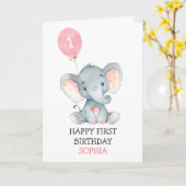 Carte Premier anniversaire de la fille à l'éléphant rose (Fleur jaune)