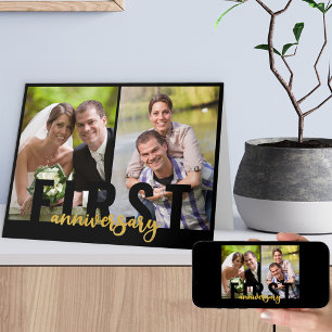 Carte Premier Anniversaire de Mariage 2 Photo Script Dor