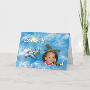 Carte Premier anniversaire d'un garçon avec avion et cad