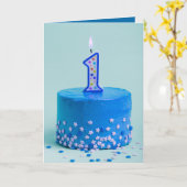 Carte Premier anniversaire gâteau bleu et bougie (Fleur jaune)