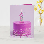 Carte Premier anniversaire gâteau rose et bougie (Fleur jaune)
