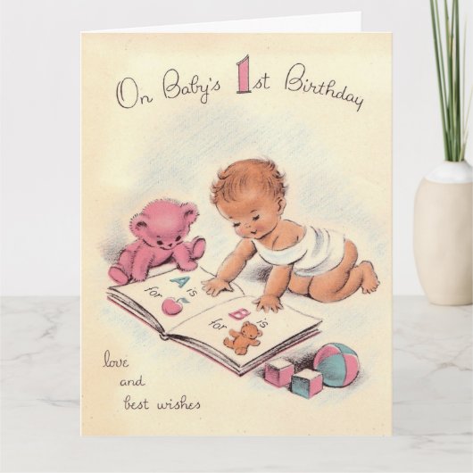 Carte Premier anniversaire heureux du bébé vintage (Devant)