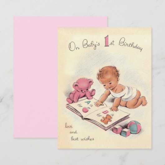 Carte Premier anniversaire heureux du bébé vintage (Devant / Derrière)