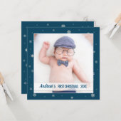 Carte Premier bébé de Noël bleu flocon de neige (Devant/Arrière en situation)