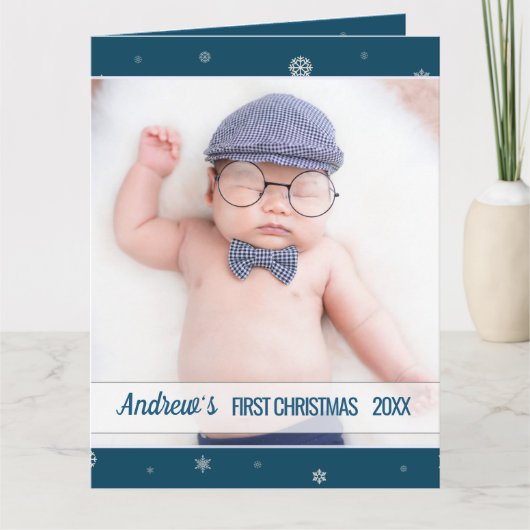 Carte Premier bébé de Noël bleu flocon de neige (Devant)