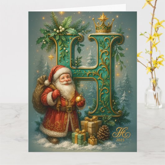Carte Premier H doré avec Père Noël et Couronne (Fleur jaune)