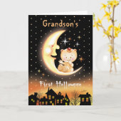 Carte Premier Halloween de petit-fils, bébé de lune (Fleur jaune)