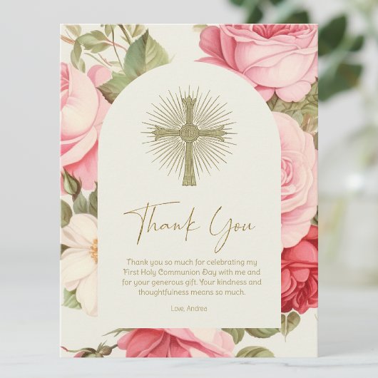 Carte Premier Merci de communion Roses roses roses