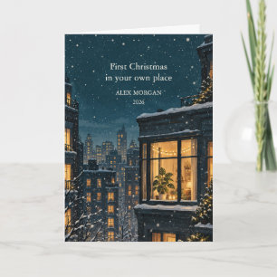 Carte Premier Noël à la maison Fenêtre d'hiver cosy