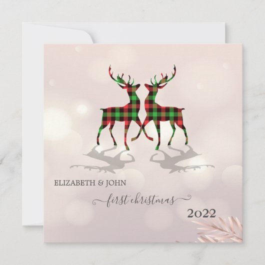 Carte Premier Noël, Cerfs Mignons Plaid Buffle (Devant)