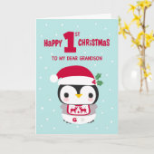 Carte Premier Noël de mon petit-fils avec Baby Penguin (Fleur jaune)