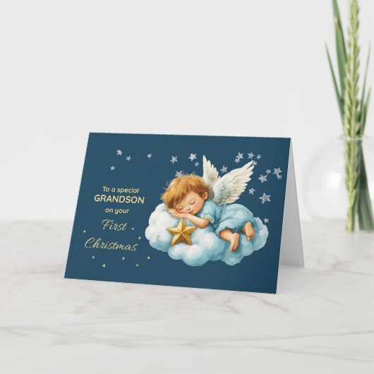 Carte Premier Noël de petit-fils ange endormi sur un nua (Devant)
