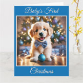 Carte Premier Noël du bébé chiot (bleu) (Fleur jaune)