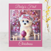 Carte Premier Noël du bébé chiot (rose) (Fleur jaune)