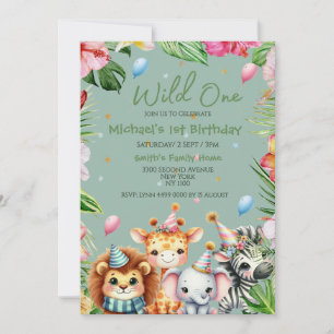 Carte Première Anniversaire Safari animal sauvage une fl