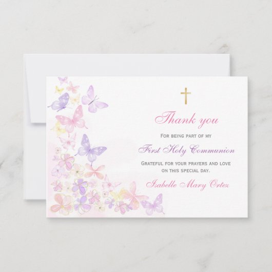 Carte Première communante Papillon rose Fille Merci (Devant)