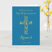Carte Première Communion bleu croix or nom des garçons (Fleur jaune)