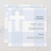 Carte Première communion Croix Rouge Bleu Rustique Plaid (Devant / Derrière)