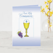 Carte Première communion de garçon, Chalice avec hôte et (Fleur jaune)
