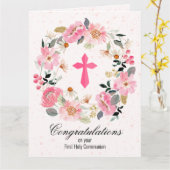 Carte Première communion de germe rose croisée (Fleur jaune)