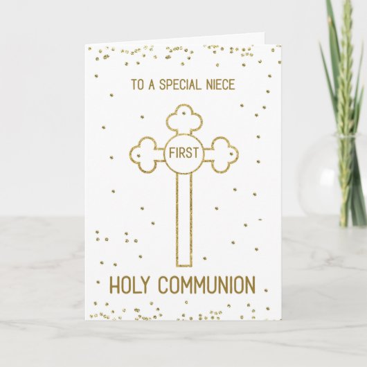 Carte Première communion de la nièce croix dorée (Devant)