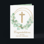Carte Première communion d'Eucalyptus de la Croix d'Or<br><div class="desc">Une croix de parties scintillant en faux or et une couronne de feuilles d'eucalyptus soulignent cette carte de voeux religieuse. Parfait pour une première communion,  baptême ou baptême. Personnalisez l'accueil à l'intérieur ou partez tel quel. Objets CORRESPONDANTS disponibles dans notre magasin.</div>
