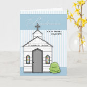 Carte Première communion espagnole bleu avec chapelle (Fleur jaune)