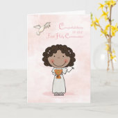 Carte Première Communion, Fille à peau foncée, Félicitat (Fleur jaune)