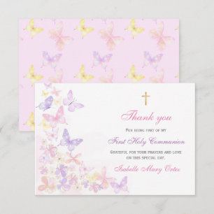 Carte Première communion Papillon rose Fille Merci