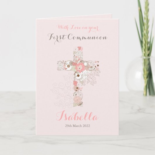 Carte Première communion rose pâle nom croisé (Devant)