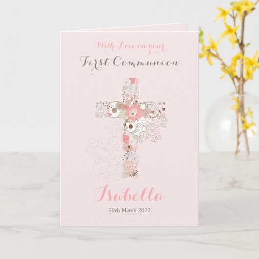 Carte Première communion rose pâle nom croisé (Fleur jaune)