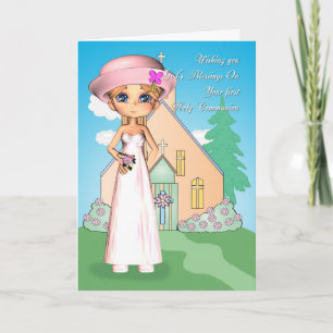 Carte première communion sainte petite fille et église