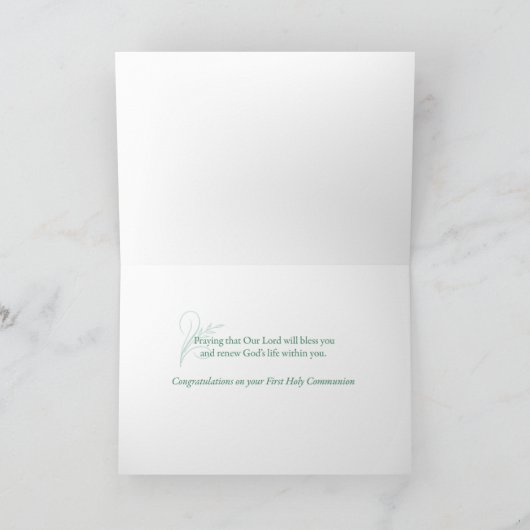 Carte Première Communion sainte, Script en vert tendre (Intérieur)