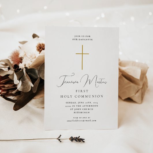 Carte Première communion sainte simple avec rose croisé