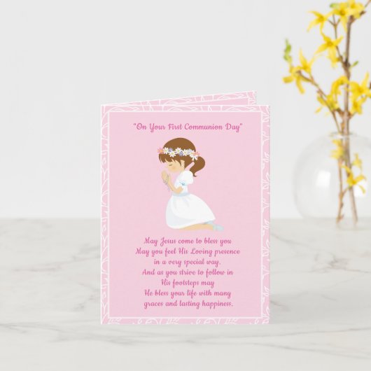 Carte Première fille de brune de communion (Fleur jaune)