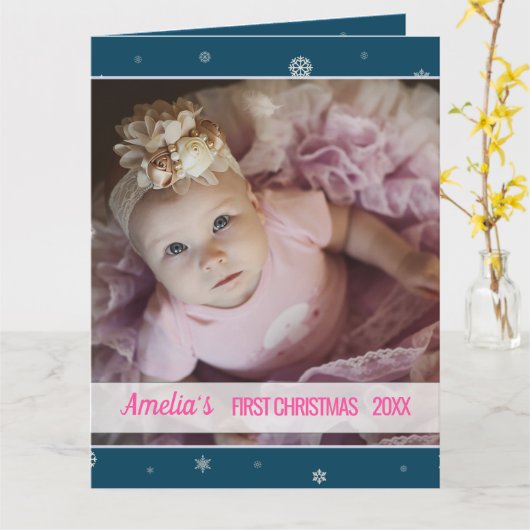 Carte Première fille de Noël bleu flocon de neige (Fleur jaune)