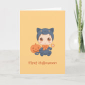 Carte Première Halloween mignonne bébé noir costume de c (Devant)