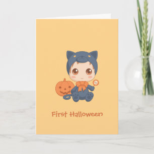 Carte Première Halloween mignonne bébé noir costume de c