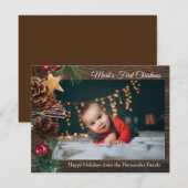 Carte Première photo de Noël du bébé mignon rustique (Devant / Derrière)