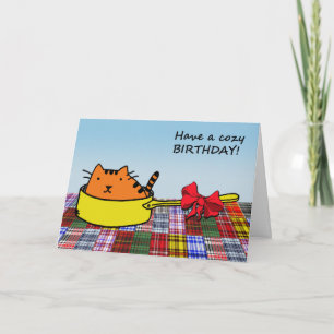 Carte Prenez un Anniversaire cosy ! Cute chat en Pan ave