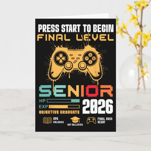 Carte Press Start To Begin Final Level Senior 2026 Gamer (Fleur jaune)