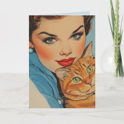 CARTE PRETTY GIRL WITH CAT BIRTHDAY RETRO GREETING CARD (Devant)