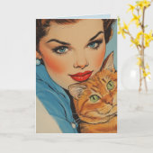 CARTE PRETTY GIRL WITH CAT BIRTHDAY RETRO GREETING CARD (Fleur jaune)
