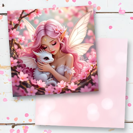 Carte Pretty Pink Elven Fairy & Dragon Blank