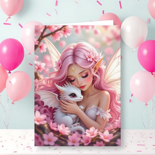 Carte Pretty Pink Elven Fairy & Dragon | Happy Birthday