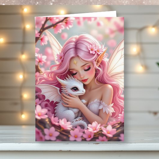 Carte Pretty Pink Elven Fairy & Dragon | Thinking of You